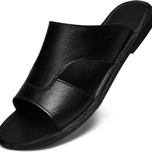 Men Leather Cutout Slides Sandals Comfortable Lightweight Open Toe Anti slip Soft bottom Slip On Slippers Summer Outdoor Casual Beach Sandals